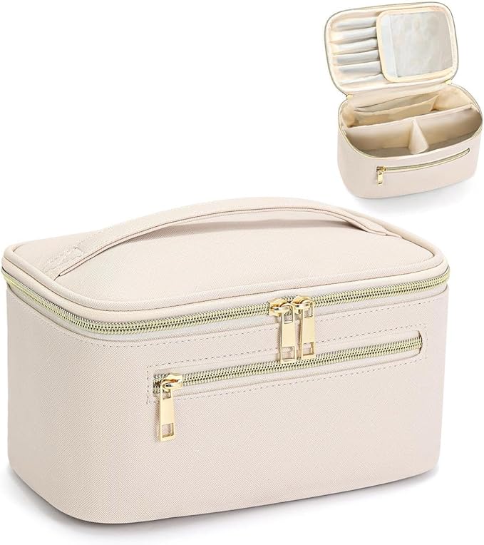 Travel Makeup Bag Organizer, Large Capacity Cosmetic Pouch for Women, Waterproof Make Up Bag with Divider, Clamshell Makeup Case Make Up Bag with Handle and Metal Zipper, Travel Essentials White