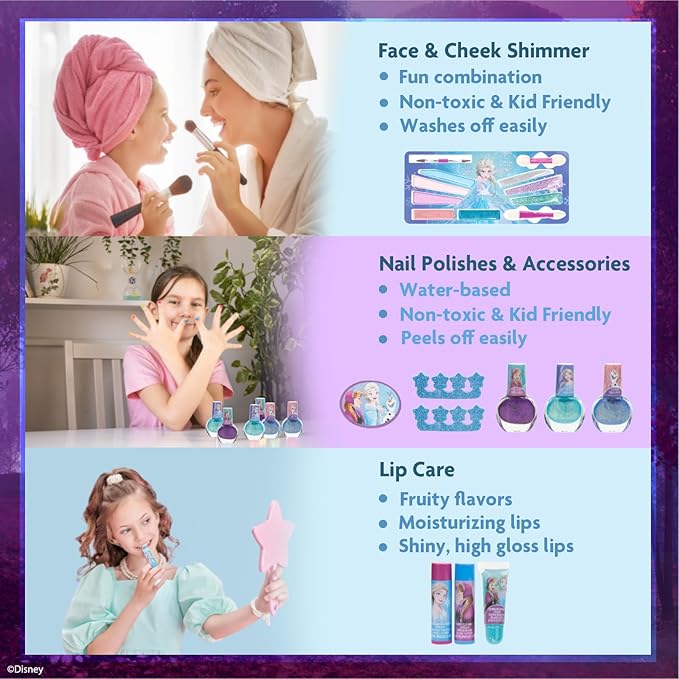 Frozen Train Case Beauty Set, Kids Makeup Kit for Girls, Real Washable Makeup Set, Play Makeup, Party Favor, Birthday, Ages 3 4 5 6 7 8 9 10 11 12 by Townley Girl