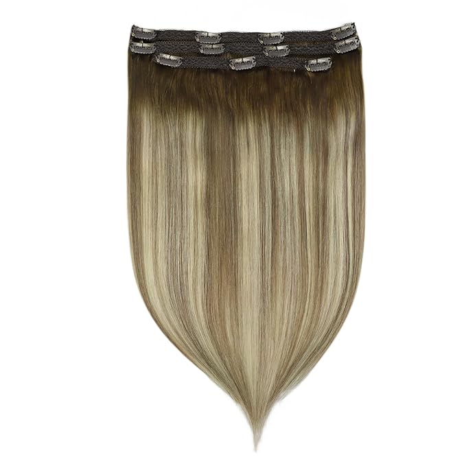 Full Shine Balayage Clip in Hair Extensions Brown Ombre Ash Brown Mix Blonde Real Hair Extensions Clip in Human Hair Double Weft Straight Remy Hair Extension 20 Inch Hairpiece for Women 60 G