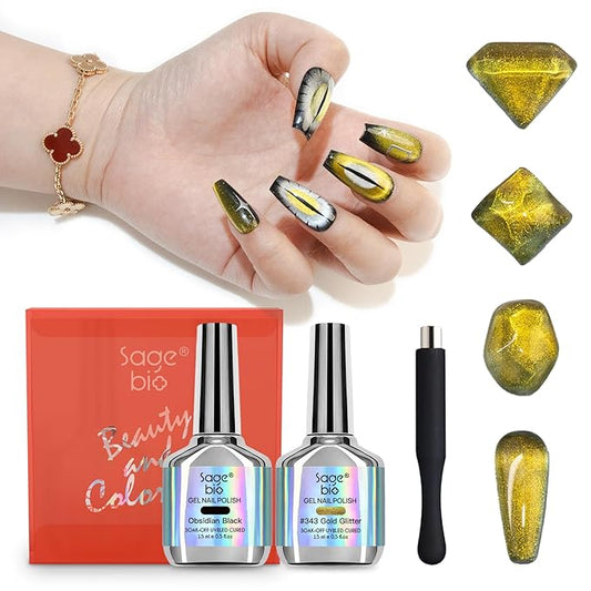 9D Cat Eye Gel Nail Polish Set, 15ml Black Gel + 15ml Gold Glitter Cat Eye Gel, Includes Silicone Handle Cylinder Magnetic Stick for Mesmerizing 9D Effects