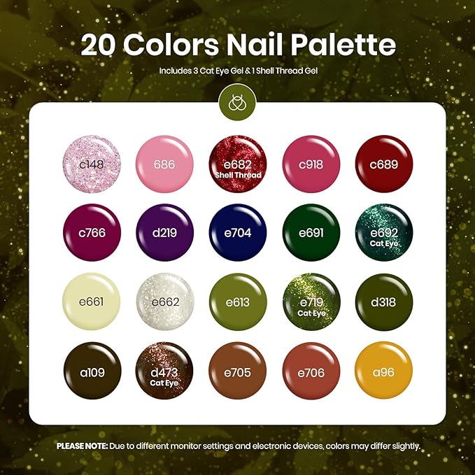 Beetles Cat Eye Gel Nail Polish Set, 20 Colors Gel Polish Nail Set Burgundy Brown Green Nail Polish Glitter Pearl Nail Manicure with Base Coat Matte&No Wipe Top Coat Soak off UV Gel