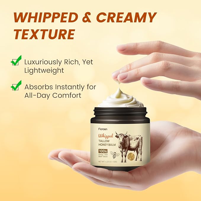 Beef Tallow for Skin 4oz, Whipped Beef Tallow and Manuka Honey Balm, Beef Tallow for Face and Body, Unscented Skin Care for Dry and Sensitive Skin, Natural Tallow Balm for Hydration and Nourishment