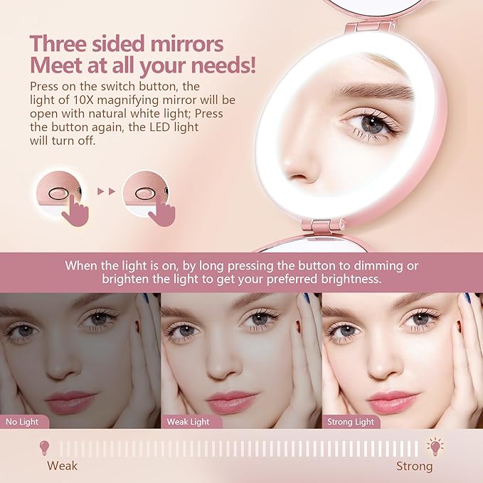 MIYADIVA Compact Travel Mirror with Light - 1X/10X/30X Magnification, Brightness Adjustment & 3 Color Lights