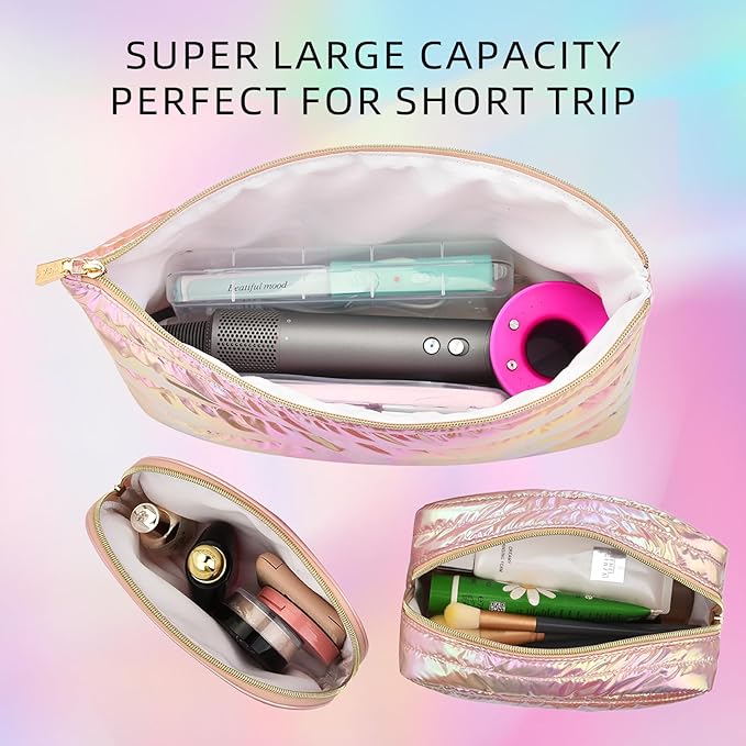 Hiroyuki 3pcs Iridescent Quilted Makeup Bag (plain, pink)