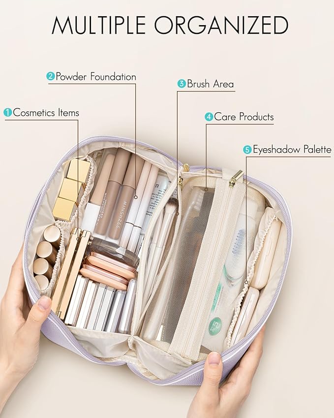 Vlando Makeup Bag,Travel Makeup Bag Waterproof Portable Cosmetic Bag PU Leather Open Flat Make up Organizer for Travelers teen Girls Women,Christmas Gifts for Women(Purple)