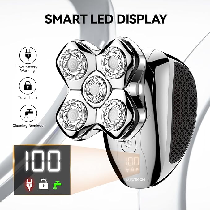 Head Shavers for Bald Men, MAXGROOM 5 in 1 Waterproof Head Razor for Men with LED Display, Travel Pouch, USB Rechargeable & Magnetic Detachable, Silver