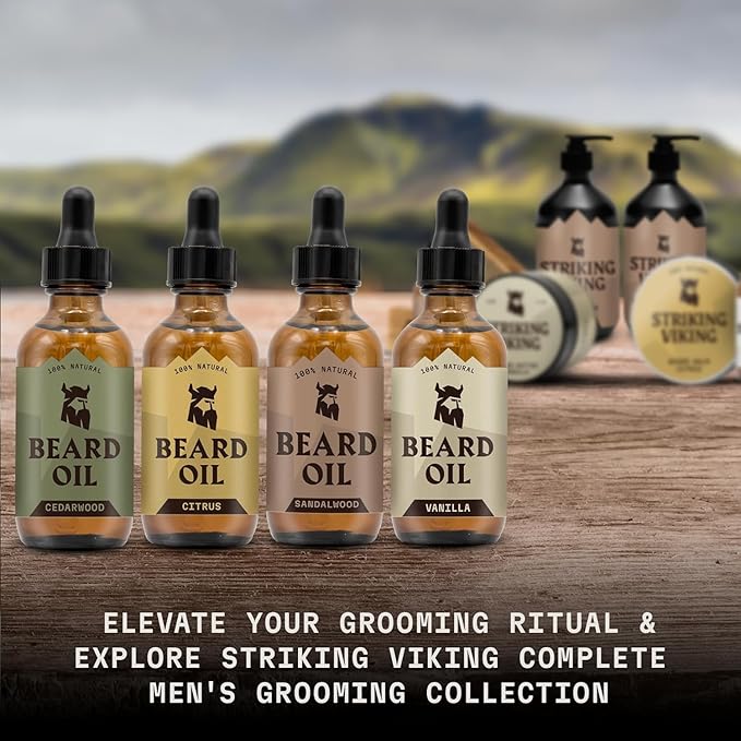 Striking Viking Beard Oil for Men - 0.66 Fl Oz, 4 Pack of Vanilla, Sandalwood, Cedarwood, Citrus - Naturally Derived Conditioner with Almond, Tea Tree, Argan & Jojoba Oil for Beard Growth & Softening