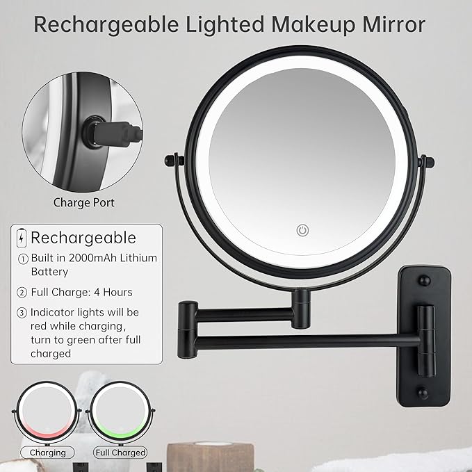 JANEEVA 8" Wall Mounted Lighted Makeup Mirror,Rechargeable Double Sided 1X/10X Magnifying Mirror with 3 Color Lights,Touch Dimmable Bathroom Vanity Mirror with 360°Swivel Extendable Arm Matte Black