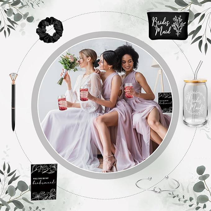 Irenare 36 Pcs Bridesmaid Proposal Gifts Bridal Shower Gifts 16 oz Glass Cup Cosmetic Makeup Bags Invited Cards Scrunchies Hair Knotted Bracelets Diamond Pens Favors for Wedding (Black)