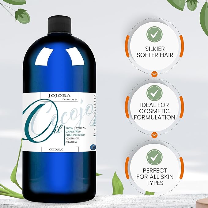 Dr Joe Lab Jojoba Oil Organic, Jojoba Oil for Hair Growth, Jojoba Oil for Skin, Jojoba Oil for Face, 100% Pure Natural, Cold Pressed, Deep Moisturizing Anti-Aging, Essential Oils - 32 Fl Oz