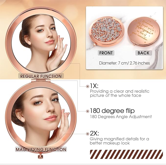Roowest 20 Pcs Inspirational Compact Mirror Sometimes You Forget You're Awesome Appreciation Gifts for Women Mother's Day Party Favors Magnifying Pocket Mirror (Rose Gold)