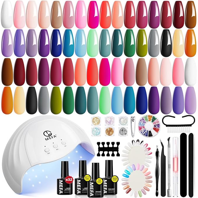 MEFA 56 PcsGel Nail Polish Kit with U V Light, 32 Colors Classic Popular Gel Nail Kit Soak Off Nail Polish Gel Set with Base Matte/Glossy Top Coat Nail Art Decorations Manicure Tools DIY Gifts