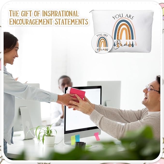 20 Pcs Employee Appreciation Gifts 10 Inspirational Canvas Makeup Bags 10 Compact Mirrors Bulk Cosmetic Bags Round Portable Pocket Mirror Thank You Gifts for Women (Rainbow)