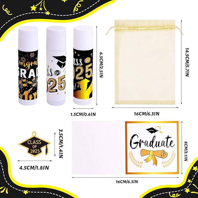 50 Set 2025 Graduation Gift Bulk Lip Balms Class of Graduation Party Favors with 6 Assorted Flavors Inspirational Graduation Gifts with 50 Organza Bags and Cards for Students Graduation Party