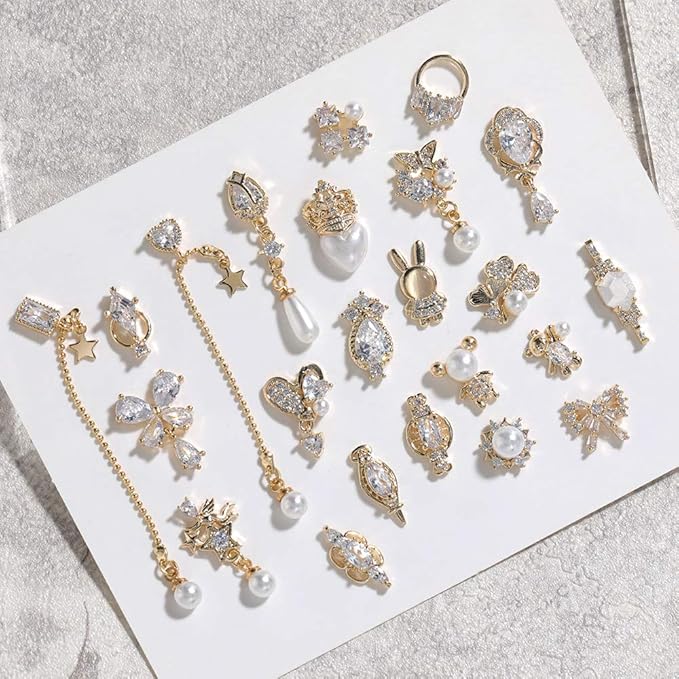 30Pcs Nail Art Crystal Pearl Charms Mix Shapes Zircon Dangle Rhinestones Nail Jewelry 3D Dangle Nail Charms Crystal Metal Nail Gems Nail Flowers Jewelry Studs for Nail DIY