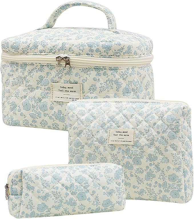 Quilted Floral Makeup Bag 3PCS, Cute Cotton Coquette Aesthetic Travel Toiletry Bag, Zipper Cosmetic Pouch, Daily Travel Use Skincare Bag, Large Capacity (Powder Blue Botanical)