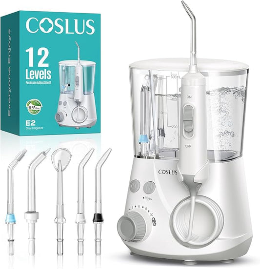 COSLUS Professional Water Flosser for Teeth: 12 Pressure Settings Electric Dental Pick for Orthodontic, Braces, Sensitive Gums - Home Use, 5 Jet Tips for Multiple Users, Family, White, E2