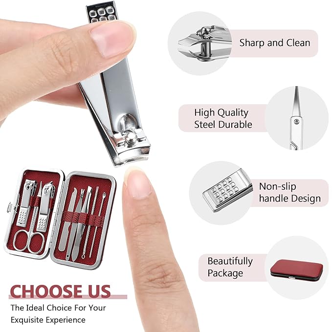 Lasnten 24 Set Manicure Set Bulk Nail Clippers Grooming Nail Kit Stainless Steel Professional Pedicure Kit Pedicure Tools with Travel Case Gifts for Men Women Personal(8 in 1,Red, Silver)