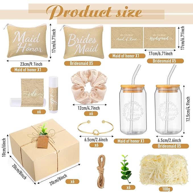 54 Pcs Bridesmaid Proposal Gifts Bridesmaid Box Set Include Bridal Shower Gift Box Makeup Bag Invited Card Glass Cup Lip Balm Scrunchie Hair Knotted Bracelet for Maid of Honor(Beige)