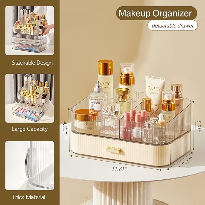Makeup Organizer with Stackable Drawer, Cosmetic Storage Display Case for Vanity, Bathroom Countertop or Dresser,Counter top Holder for Lipstick, Brushes, Lotions, Eyeshadow, Nail Polish