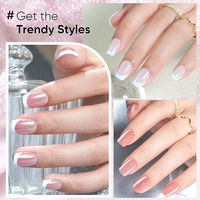 French Tip Press on Nails Short Kit Jofay Fashion Soft Gel Fake Nails 5 Styles with White&Silver& Gold&Aurora Chrome Pale Orange Cat eye, Gift False Nails Reusable Full Cover Stick on Nails, 32 Sizes