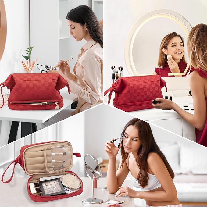 Abiudeng Large Capacity Makeup Bag Ladies Cosmetic Bag Travel Bag with Compartments Portable PU Leather Travel Makeup Bag with Handle