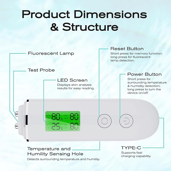 Skin Hydration Tester Monitor - Professional Portable Digital Corneometer Facial Moisture Analyzer Meter Tool - Multifunctional Hydration Test and Tracking Device for Skincare with LCD
