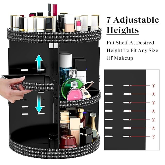 Black 360 Makeup Organizer Degree Rotating, 7 Layers Large Capacity Cosmetic Storage, Acrylic Makeup Organizers, Organizador De Perfumes Fits Makeup Brushes, Lipsticks, Bathroom, Black