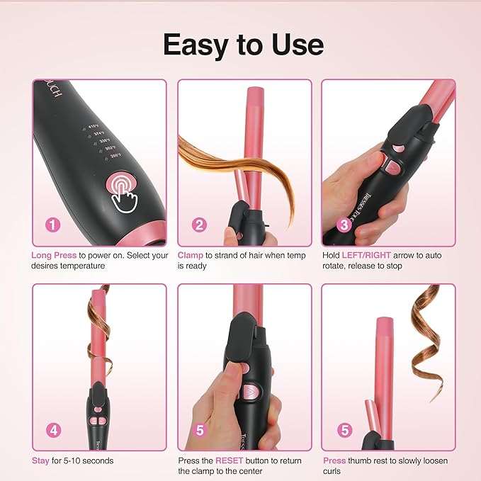 Rotating Curling Iron 1 Inch, Universal Voltage Automatic Curling Iron with Clamp, 5 Heat Settings 360° Rotatable Power Cord, Automatic Reset Function Hair Curler for All Hair (Rose Gold)