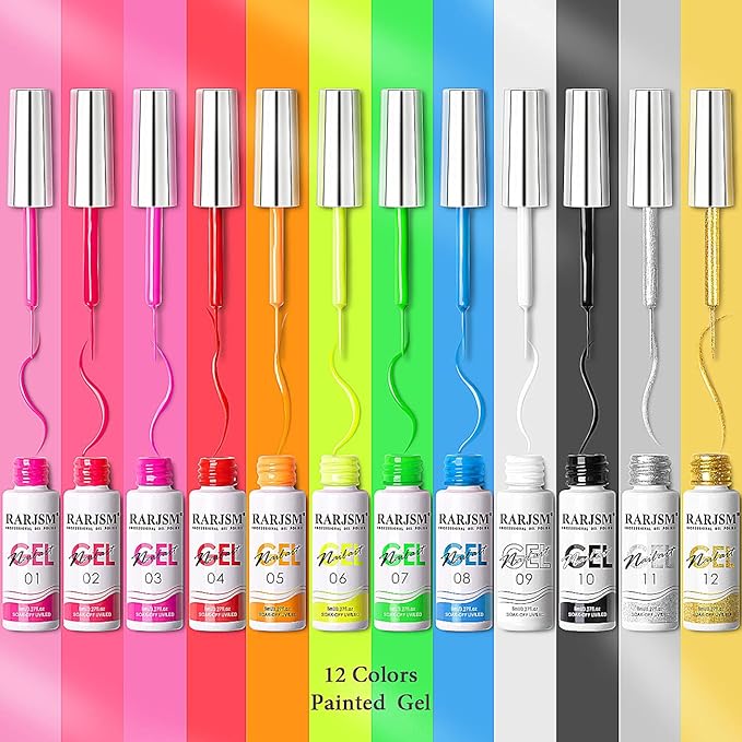 RARJSM Painted Nail Polish Set, 12 Colors Neon Pink Yellow Green Glitter Silver Gold Nail Art Painting Manicure Tools DIY Drawing Nail Gel for Line UV LED Required