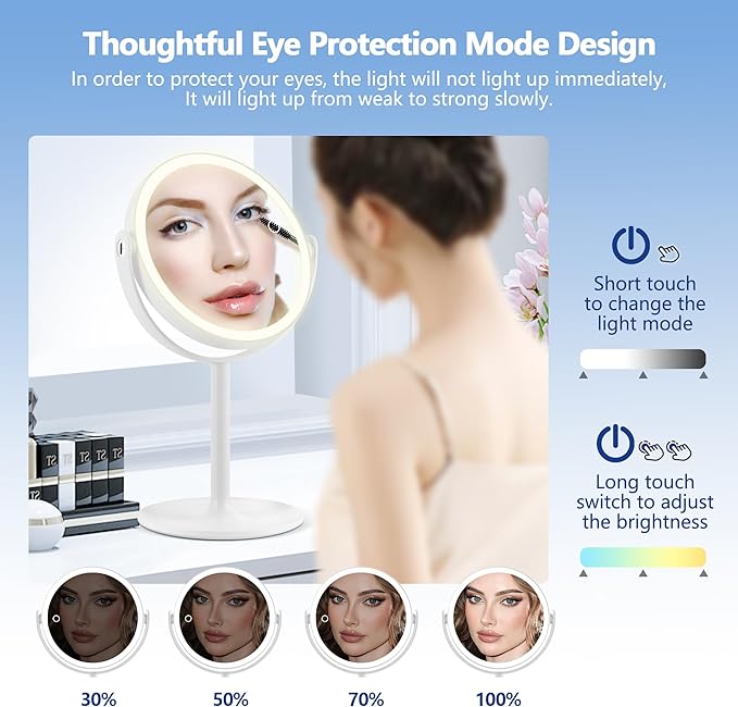 Lighted Magnifying Mirror, 20x Magnifying Makeup Mirror with Lights, Charging Port on Stand, Double Sided Switch Eye-Protection 3 Colors Dimmable Vanity Mirror, Large 8.6 in