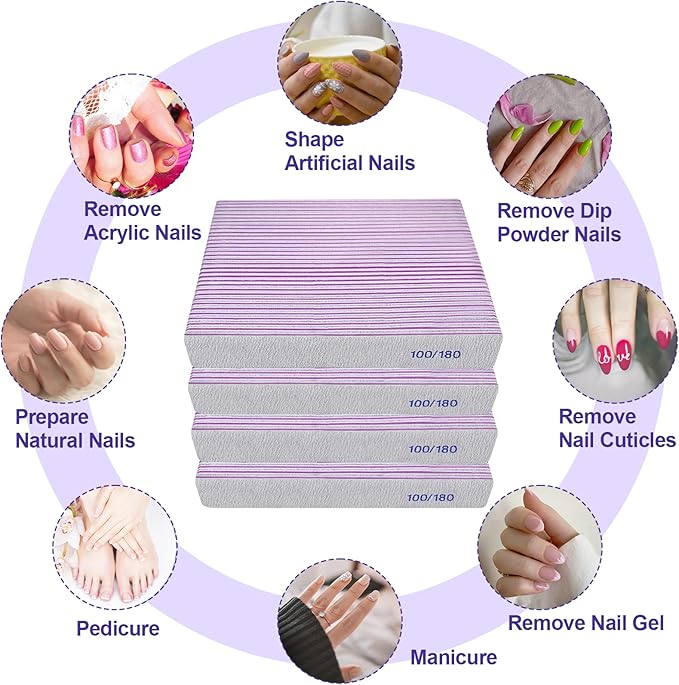 100/180 Grit Nail File (100 Pack), Emery Board Nail Files for Acrylic Nails and Natural Nails, Double Sided Emory Boards Professional Nail Filer Reusable Washable Manicure Square Gray