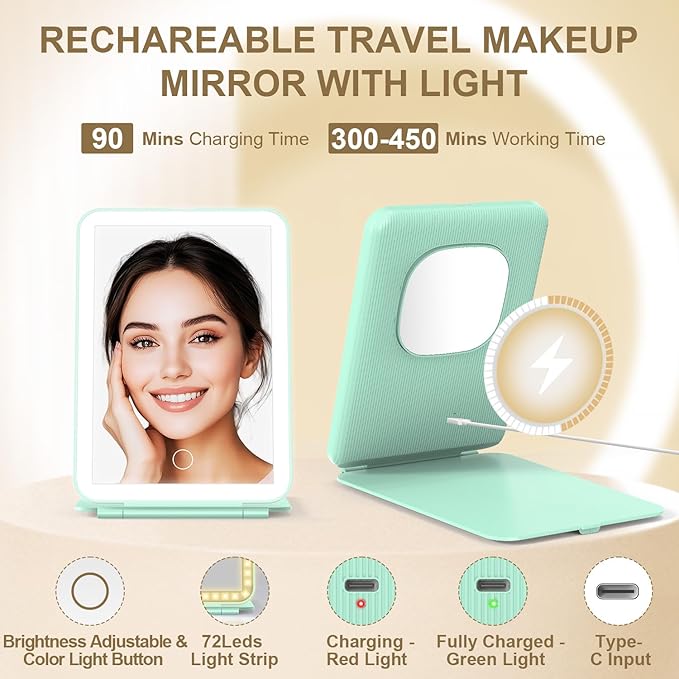 LED Foldable Travel Makeup Mirror - 5x7 inches3 Colors Light Modes USB Rechargeable Touch Screen, Portable Tabletop Cosmetic Mirror for Travel, Cosmetic, Office (Green)