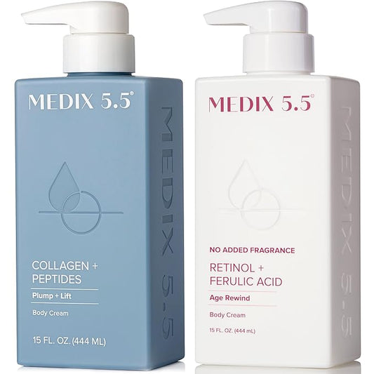 Medix 5.5 Fragrance Free Firming Retinol Body Lotion + Collagen Peptides Cream 2pc Skin Care Set, Crepey Skin Treatment, Anti Aging Body Cream & Face Moisturizer For Crepe Skin, Cellulite, Wrinkles
