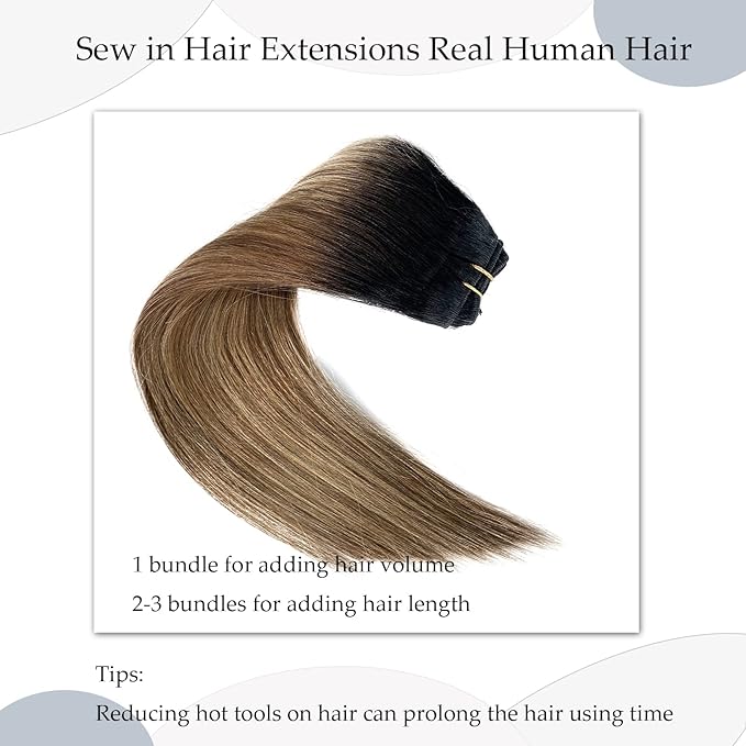 Sew In Real Humana Hair Extensions, Ombre Brown & Blonde Balayage Wefts - 22 Inch, 120G Hand-Tied Human Hair Bundles