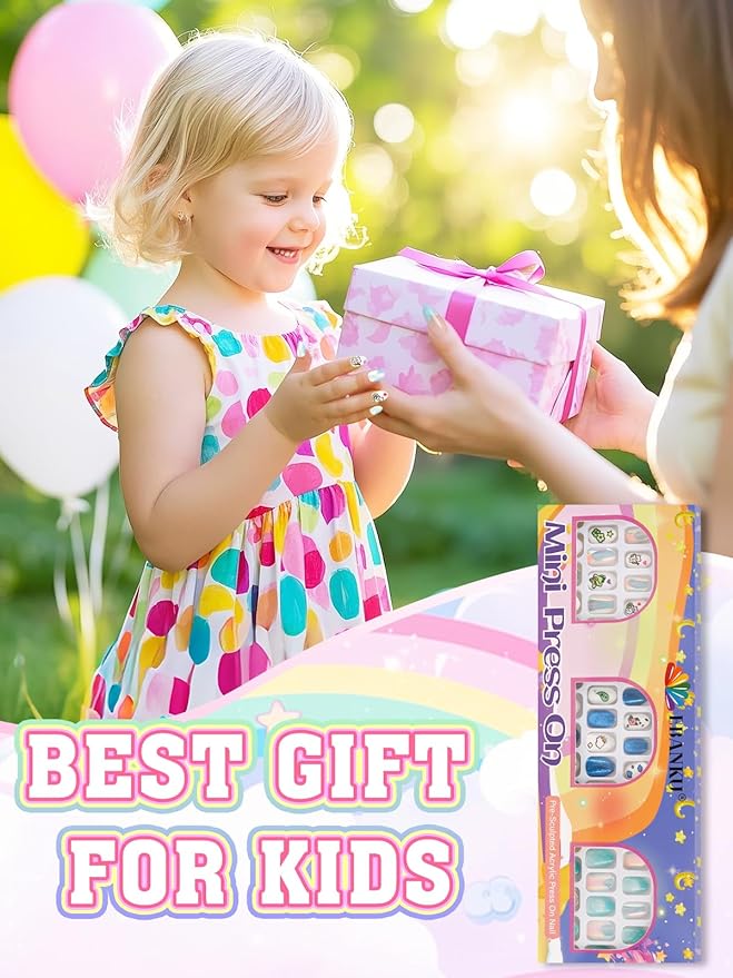 72 Pieces Press on Nails for Kids, EBANKU 3 Pack Kid Fake Nail Kit Blue Bear Cat Flower Press on Nails for girls 8-12 Years with Jelly Nail Adhesives