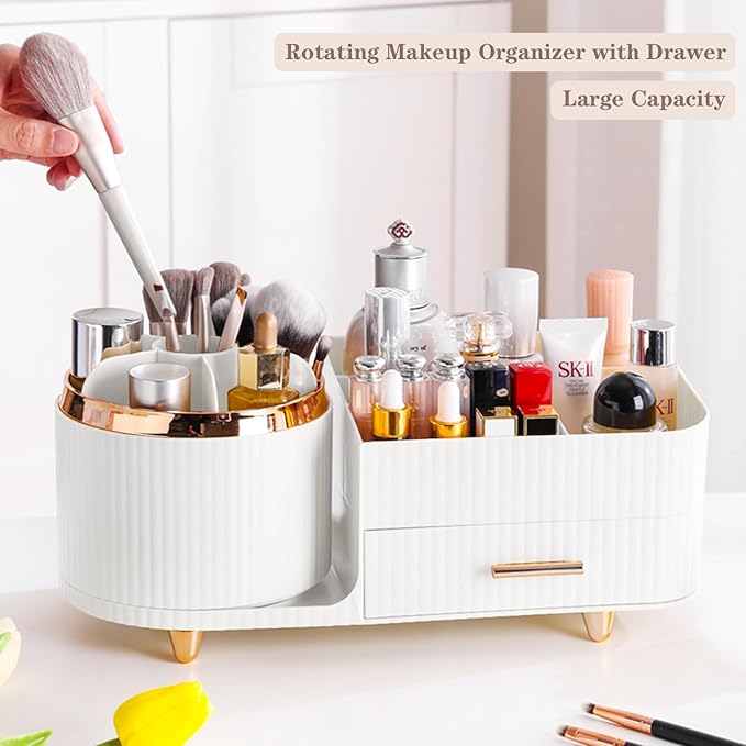 Rotating Makeup Organizer for Vanity with Brush Holder and Drawer, Cosmetic Makeup Storage, Large Spinning Makeup Skincare Organizer, Countertop Makeup Perfume Organizer, Lotions Display Case (White)