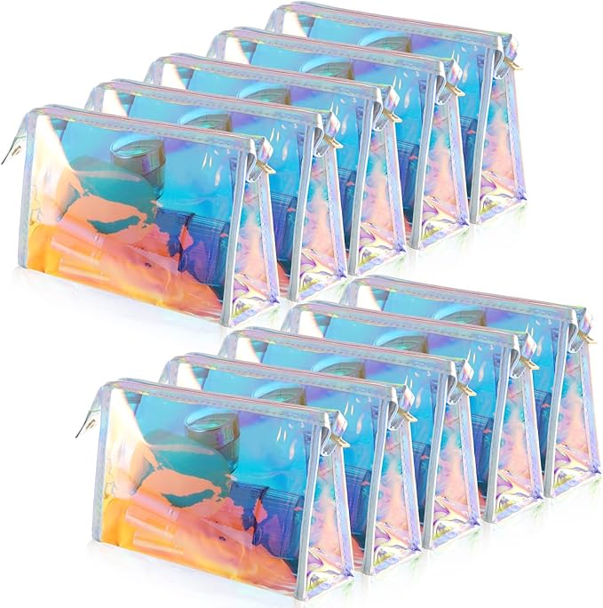 BESARME 10 Pcs Holographic Makeup Bags, Clear PVC Makeup Bag Iridescent Pouch Portable Zippered Toiletry Bag Waterproof Cosmetic Bags Stocking Stuffers for Women Girls Bathroom Vacation