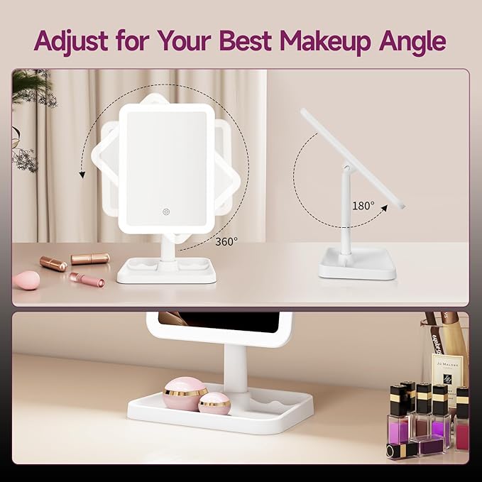 FUNTOUCH 2000mAh Rechargeable Light up Makeup Mirror with Lights,Make up Mirror with 3 Color Lights and 3.5" Detachable 10X Magnification,360°Rotation Led Makeup Mirror with Storage for Desk