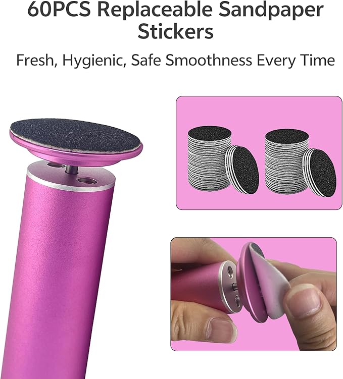 Electric Foot Callus Remover for Feet, Pedicure Tool with 60pcs Replacement Sandpaper Discs, Adjustable Speed Scrubber File Grinder for Dead Skin, Home Spa Salon Use - Pink
