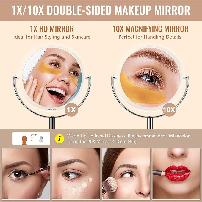 10X Magnifying Makeup Mirror, Double Sided 1X/10X Magnifying Mirror, Tabletop Magnified Vanity Mirror with Magnification, 360° Rotation, Stand for Dressing Table, Bathroom, Bedroom