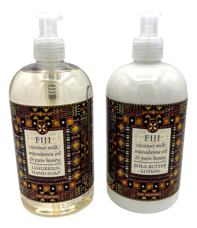 Greenwich Bay Trading Co., Destination Collection- Fiji, Hand Soap and Shea Butter Lotion Set, 16 Ounces Each, clear, white