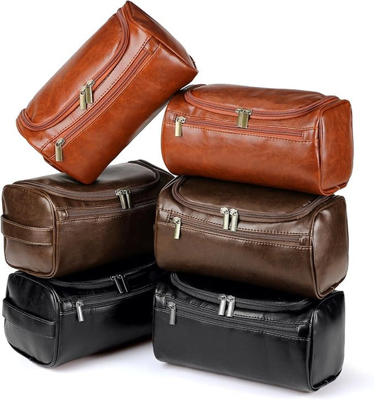 Aliceset 6 Pcs Groomsmen Gift Groomsmen Toiletry Bags Set of 6 Leather Toiletry Bag for Men with Hook Leather Wedding Proposal Bag with Side Handle Father Gift(Dark Brown, Black, Brown)