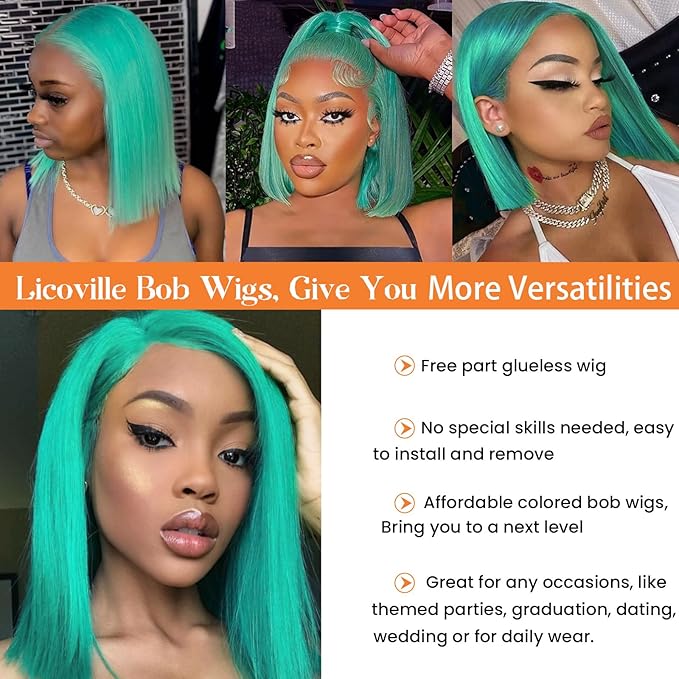 13x4 Glueless Lake Blue Bob Wig Human Hair Lace Front Wigs Pre Plucked Blunt Cut HD Transparent Teal Blue Colored Bob Lace Front Wig Human Hair 180% Density 8 Inch Short Bob Wigs for Black Women