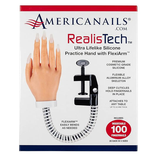 Americanails RealisTech Ultra Lifelike Silicone Practice Hand with FlexiArm for Acrylic Nails – Nail Tech Training Tool, Flexible Practice Hand, Mannequin Hand with Insertable Nails, Practice Nail Art