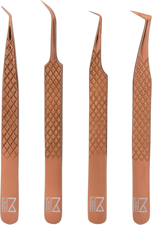 M LASH Tweezers for Eyelash Extensions (Set of 4) - Professional Lash Extension Tweezers - Fiber Tip, Japanese Steel, Diamond Grip Eyelash Extension Tweezer (RoseGold)