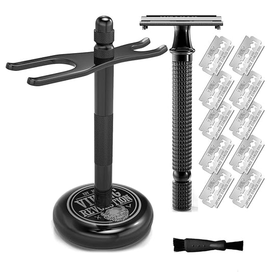 SHAVING REVOLUTION Long Handle Double Edge Safety Razor - Butterfly Open Razor with 10 Japanese Stainless Steel (Black)