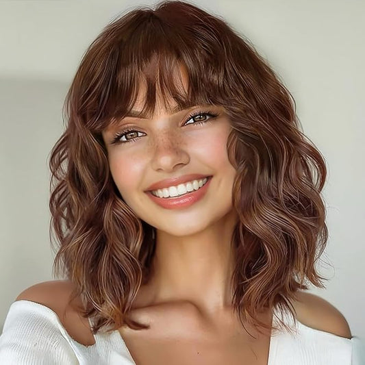 AISI HAIR Synthetic Wavy Curly Bob Wig with Bangs Brown Highlight Short Hair for Women Synthetic Heat Resistant Bob Wigs