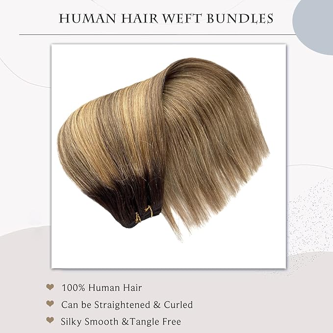 Sew in Hair Extensions Real Human Hair, 20 Inch 100G Weft Hair Extensions Human Hair Ombre Ash Brown Balayage Golden Blonde Highlights Human Hair Weft Extensions Weave Bundles Human Hair for Women