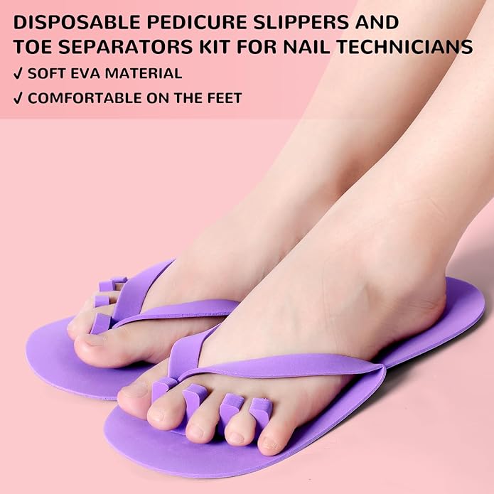 Suhine 120 Pairs Disposable Pedicure Slippers and Toe Separators Kit 40 Pairs Disposable Foam Flip Flops 80 Toe Separators for Women Nail Hotel Salon Spa Party